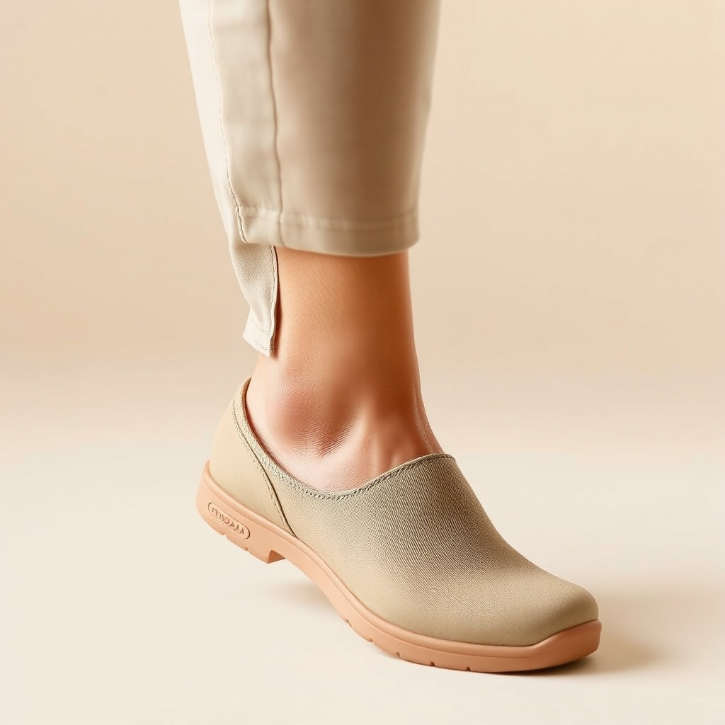 Visualize a perfectly fitted CENDARA shoe on a person's foot. Emphasize the snug and comfortable fit. Use a soft, warm color palette and a focus on the details of the shoe's design to convey comfort and support.
