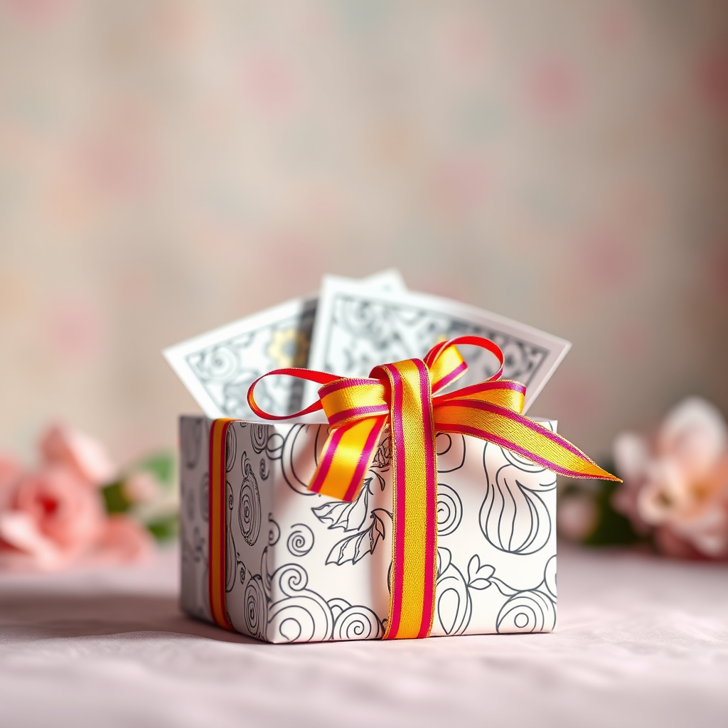 A beautifully wrapped gift box adorned with a colorful ribbon. The box is slightly open, revealing glimpses of vibrant coloring pages inside. Soft, diffused light creates a warm and inviting atmosphere. The background is a blurred, pastel-colored backdrop. Style: Elegant, inviting, and slightly whimsical. Technical Specs: 4K resolution, shallow depth of field.