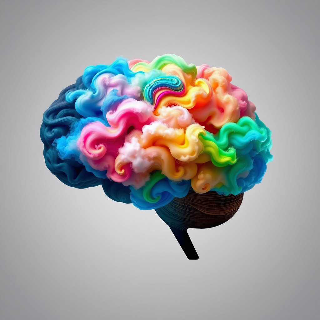 A brain silhouette filled with colorful, swirling clouds representing thoughts and emotions. The clouds gradually transition from dark and stormy colors to bright and serene hues. The background is a soft, neutral gradient. The lighting is dynamic and expressive, showcasing the transformation process. Style reference: Abstract and symbolic, using color and form to convey a sense of mental change. 4K resolution.