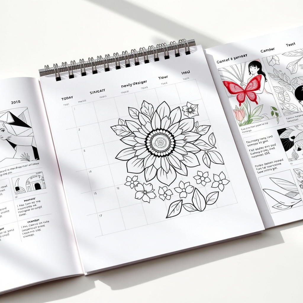 A calendar page with a vibrant, newly designed coloring page highlighted. The surrounding pages feature glimpses of other upcoming designs. Soft, natural light illuminates the calendar. Style: Simple, organized, and visually appealing. Technical Specs: High-resolution photograph with sharp details.