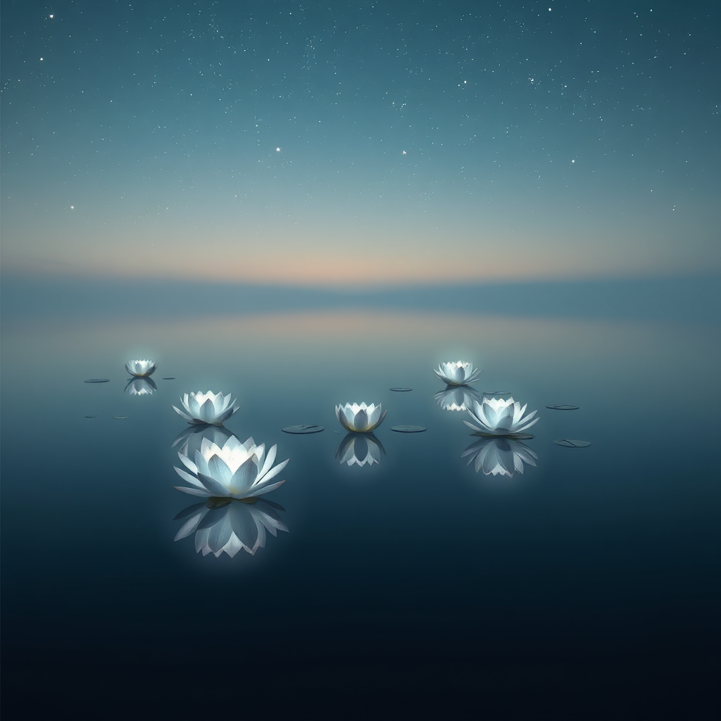 A calm lake reflecting a clear, starlit sky. On the surface of the lake, lotus flowers gently float, each illuminated by a soft, internal light. The reflection is perfectly symmetrical, creating a sense of balance and harmony. The stars twinkle brightly, adding a touch of magic and wonder. The lighting is soft and ethereal, creating a peaceful and serene atmosphere. Style reference: Naturalistic and calming, using reflection and light to convey a sense of tranquility and balance. 4K resolution.