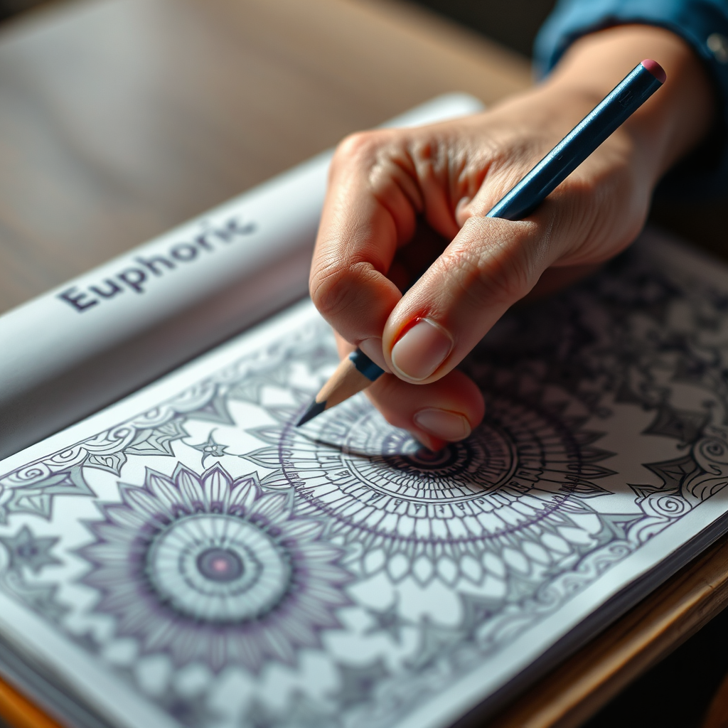 A close-up, photorealistic image of a hand delicately coloring intricate patterns in a Euphoric Meditations coloring book. Focus on the vibrant colors, the texture of the paper, and the details of the colored pencils. Soft, diffused light creates a calming and intimate atmosphere. The hand should appear relaxed and focused, conveying a sense of peaceful engagement.