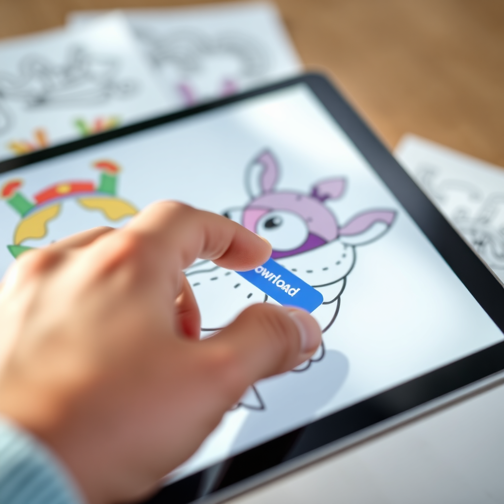 A close-up shot of a hand clicking a 'download' button on a tablet displaying a vibrant coloring page. Soft, natural light illuminates the screen. The background features blurred images of other available coloring pages. Focus is sharp on the fingertip and the download icon. Style: Clean, modern digital aesthetic. Technical Specs: High-resolution photograph, shallow depth of field.