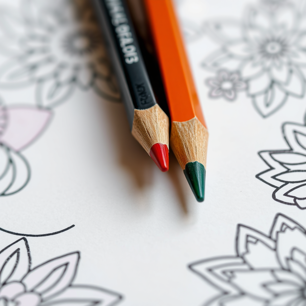 A close-up shot showcasing the fine details of a Euphoric Meditations coloring book page, partially colored with vibrant pencils. Focus on the texture of the paper and the sharp, clean lines of the designs. Soft, diffused lighting to emphasize the calming nature of the activity.
