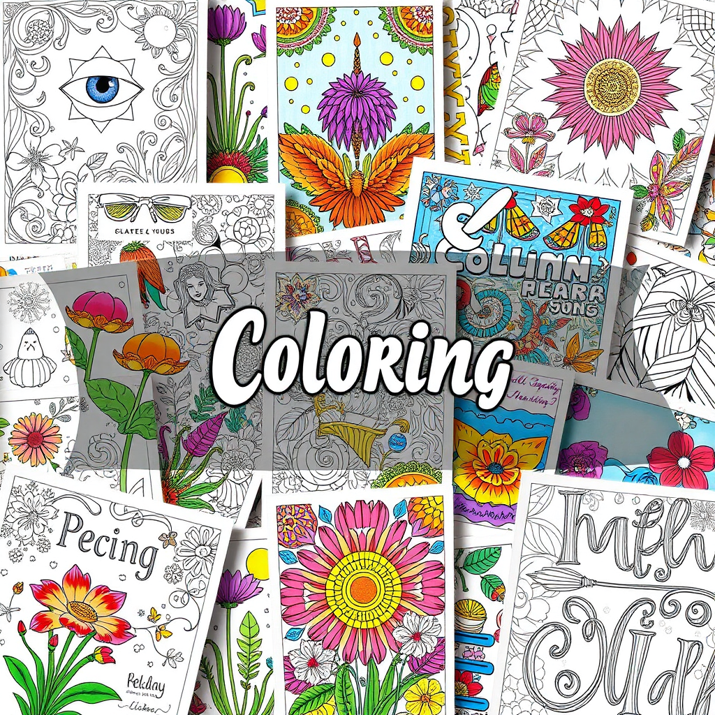 A collage of diverse coloring book pages featuring various themes and styles. The pages are arranged in a visually appealing and dynamic composition. Bright, balanced lighting highlights the intricate details. Style: Eclectic, vibrant, and inspiring. Technical Specs: High-resolution digital collage with sharp images and balanced colors.