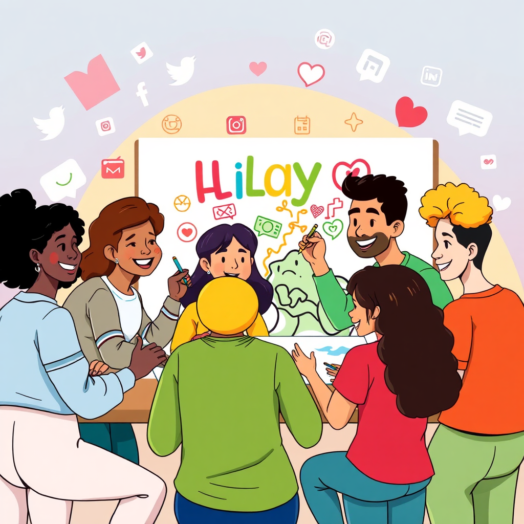 A digital illustration depicting a group of diverse individuals collaboratively coloring on a large, shared digital canvas. Bright, cheerful colors and playful character designs. The background features social media icons and chat bubbles, symbolizing online interaction. Style: Cartoonish, friendly, and inclusive. Technical Specs: High-resolution vector illustration with smooth gradients.