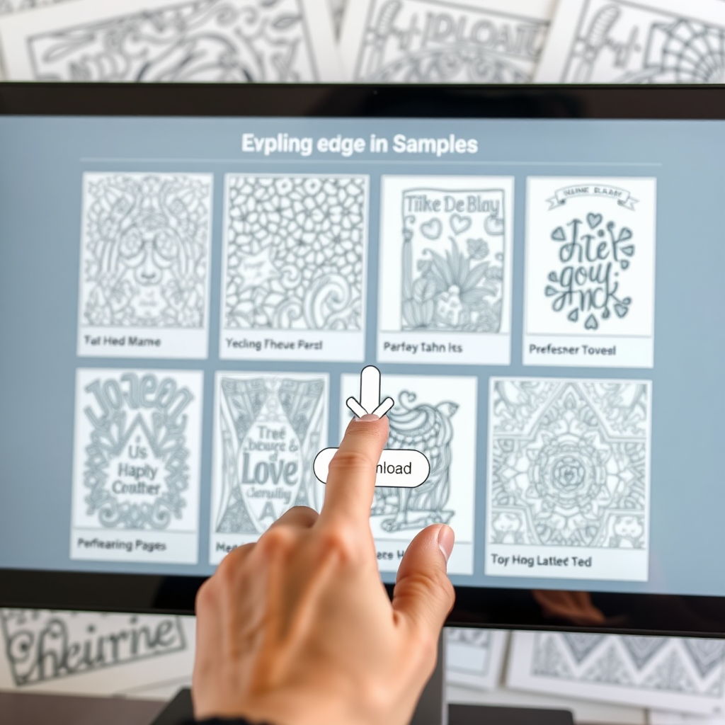 A digital screen displaying various free coloring page samples. A hand hovers over a download icon. The background is a subtly blurred image of completed coloring pages. Style: Clean and modern. Tech Specs: 4k resolution