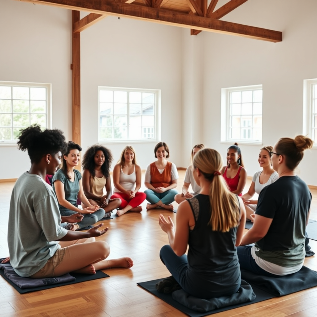 A group of diverse individuals sitting together in a circle, practicing mindfulness. The setting is a bright and airy studio with large windows. The people are smiling and engaged. The overall atmosphere is warm and welcoming. Style: Community-oriented and authentic.