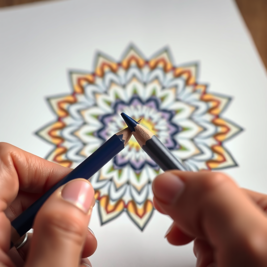 A hand holding a colored pencil, poised to start coloring a detailed mandala design. The mandala is partially colored, showcasing the vibrant hues. Soft, focused lighting highlights the pencil and the design. Style: Focused, creative, and inviting. Technical Specs: 4K resolution, macro photograph with shallow depth of field.