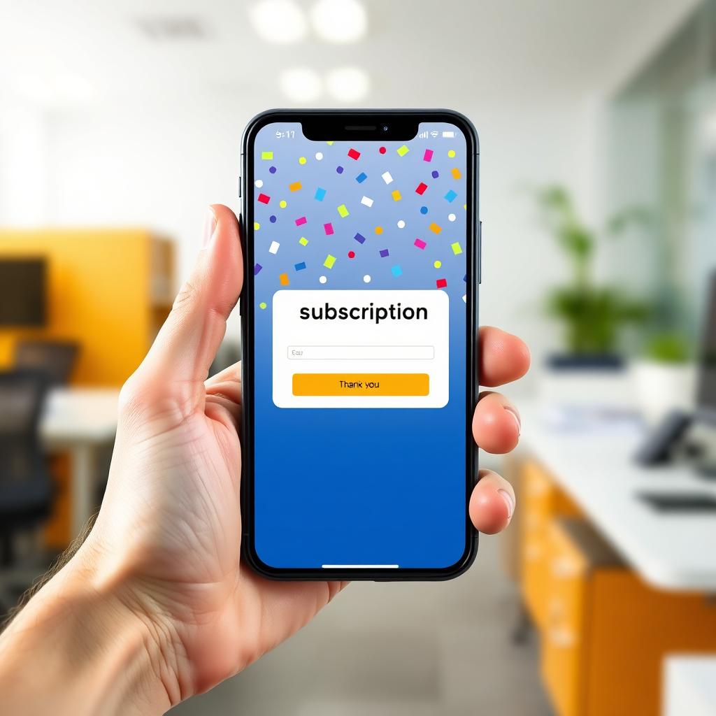 A hand holding a smartphone displaying a subscription confirmation screen. The screen features a playful confetti animation and a thank-you message. The background is a bright, cheerful office setting. Style: Modern, clean, and user-friendly. Technical Specs: High-resolution digital image with crisp text and vibrant colors.