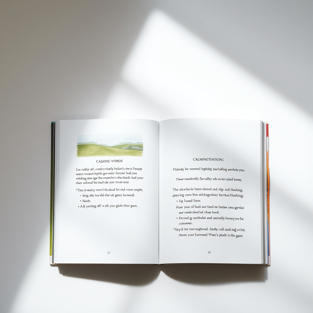 A minimalist image featuring a single open page of a Euphoric Meditations storybook, with a serene landscape illustration and calming words visible. Soft, diffused light illuminates the page, creating a sense of tranquility and focus. The overall style should be clean and uncluttered, emphasizing the power of words and visuals to evoke a sense of peace.
