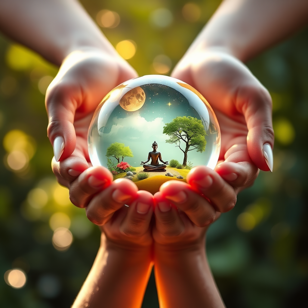 A pair of hands gently cupping a glowing orb that contains a miniature, serene landscape with a meditating figure. The orb is made of smooth, polished crystal, reflecting the light beautifully. The hands are positioned against a soft, blurred background of lush greenery. The lighting is warm and inviting, creating a sense of protection and nurturing. Style reference: Magical realism with a focus on detail and texture. 4K resolution.