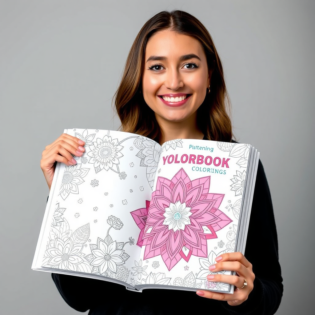 A person holding a finished, professionally printed coloring book with a happy expression. Conveying a sense of accomplishment and accessibility. Technical specs: 4K resolution, professional.