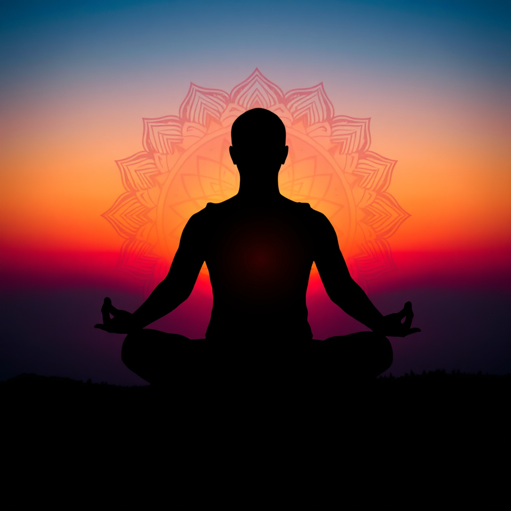 A person sitting in a lotus position, silhouetted against a vibrant sunrise. The sunrise colors transition smoothly from deep blues and purples to warm oranges and yellows. The person's silhouette is subtly transparent, revealing a network of interconnected nodes representing inner peace and connectivity. The background features faint, stylized mandalas. Lighting should be dramatic and inspirational, emphasizing the transition from darkness to light. Style reference: Contemplative and visually striking, using silhouette and vibrant colors to convey a sense of hope and transformation. 4K resolution.