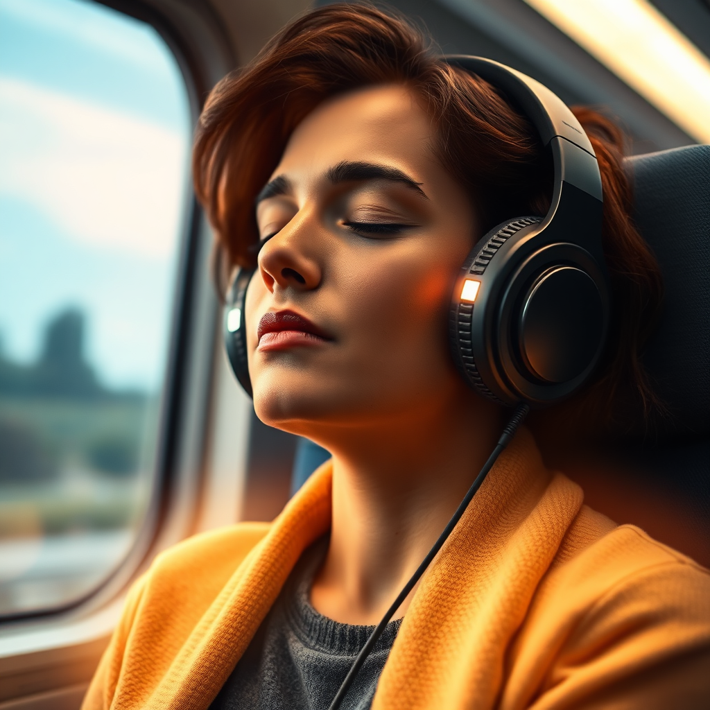 A person wearing noise-canceling headphones, eyes closed, meditating on a train or airplane. The background is blurred, showing snippets of passing scenery. The person is surrounded by a soft, glowing aura representing tranquility and focus. The lighting is warm and inviting, creating a sense of personal space and serenity amidst the chaos. Style reference: Realistic and relatable, showcasing the practicality of meditation in everyday life. 4K resolution.