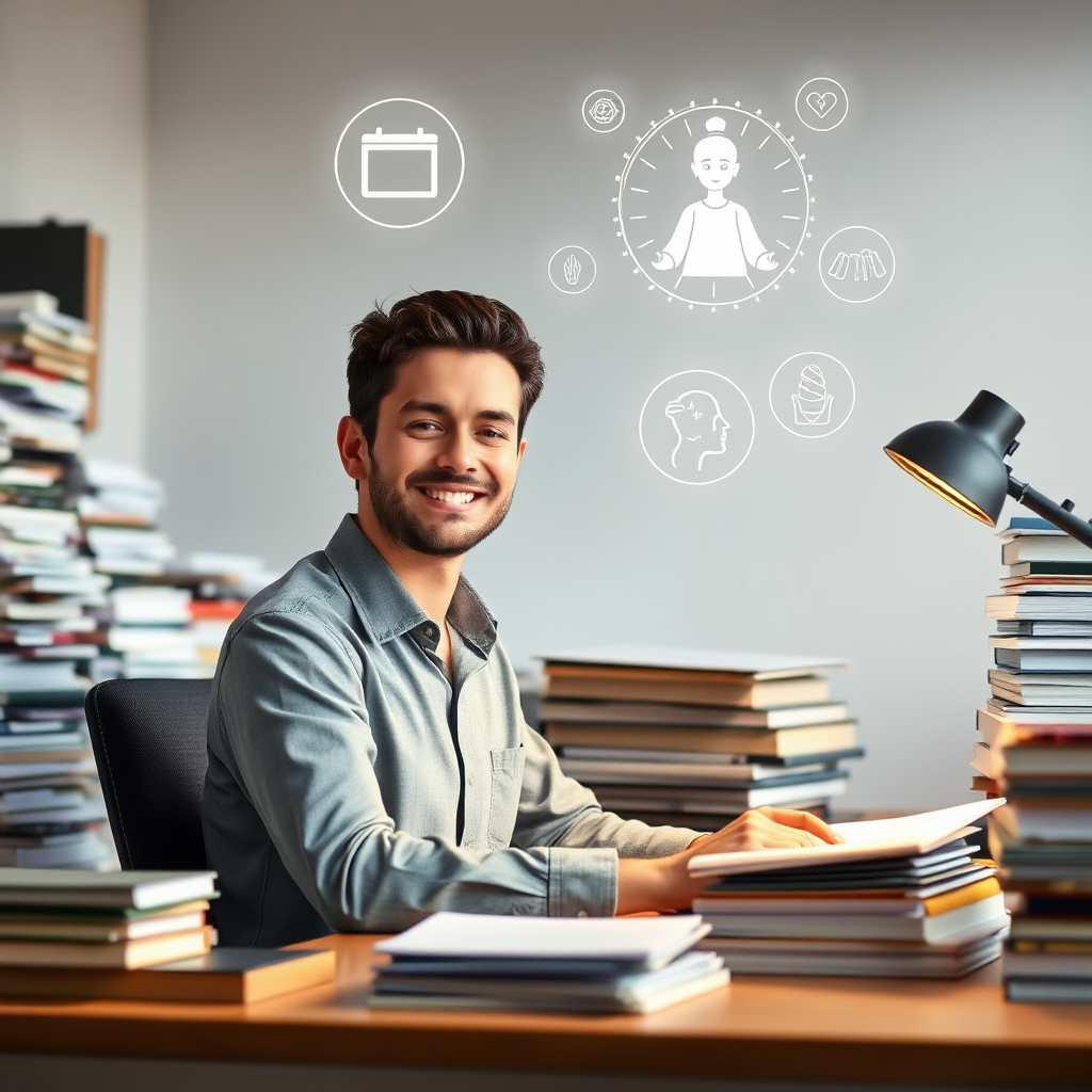 A person working at a desk, surrounded by stacks of books and papers. However, the scene is calm and organized, with soft, diffused lighting. The person is wearing a subtle smile, indicating a sense of focus and ease. Floating above the desk are transparent icons representing productivity, creativity, and mindfulness. Style reference: Modern and aspirational, showcasing the benefits of meditation in a professional setting. 4K resolution.