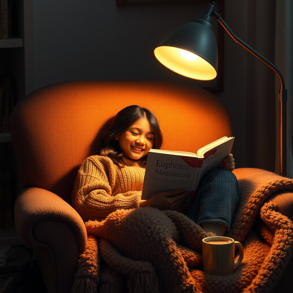A photorealistic image of a person curled up comfortably in a cozy armchair, bathed in the warm glow of a reading lamp. They are engrossed in a Euphoric Meditations storybook, with a soft smile on their face. The atmosphere should be inviting and relaxing, with plush blankets and a cup of hot cocoa nearby.