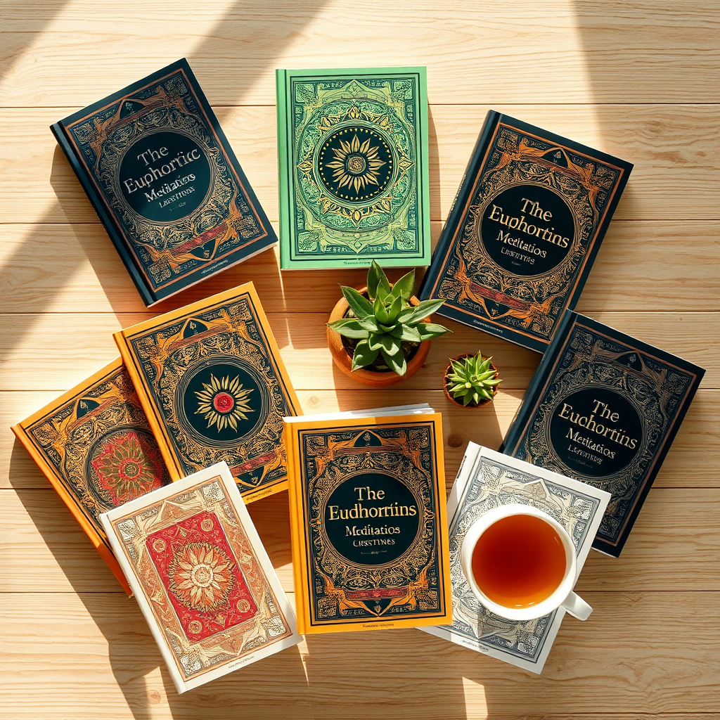 A photorealistic image showcasing a collection of 'Euphoric Meditations' books arranged artfully on a natural wooden surface. Soft, natural light illuminates the scene, highlighting the intricate designs and vibrant colors of the book covers. Add a few props, like a small potted succulent and a cup of herbal tea, to create a sense of tranquility and well-being. Camera angle is slightly overhead, capturing the entire collection.