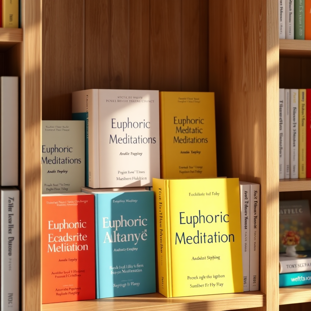 A photorealistic image showing a bookshelf filled with 'Euphoric Meditations' books, each with a brightly colored cover and uplifting title. The books are arranged in a way that is both aesthetically pleasing and inviting, creating a sense of warmth and inspiration. Soft, natural light illuminates the scene.