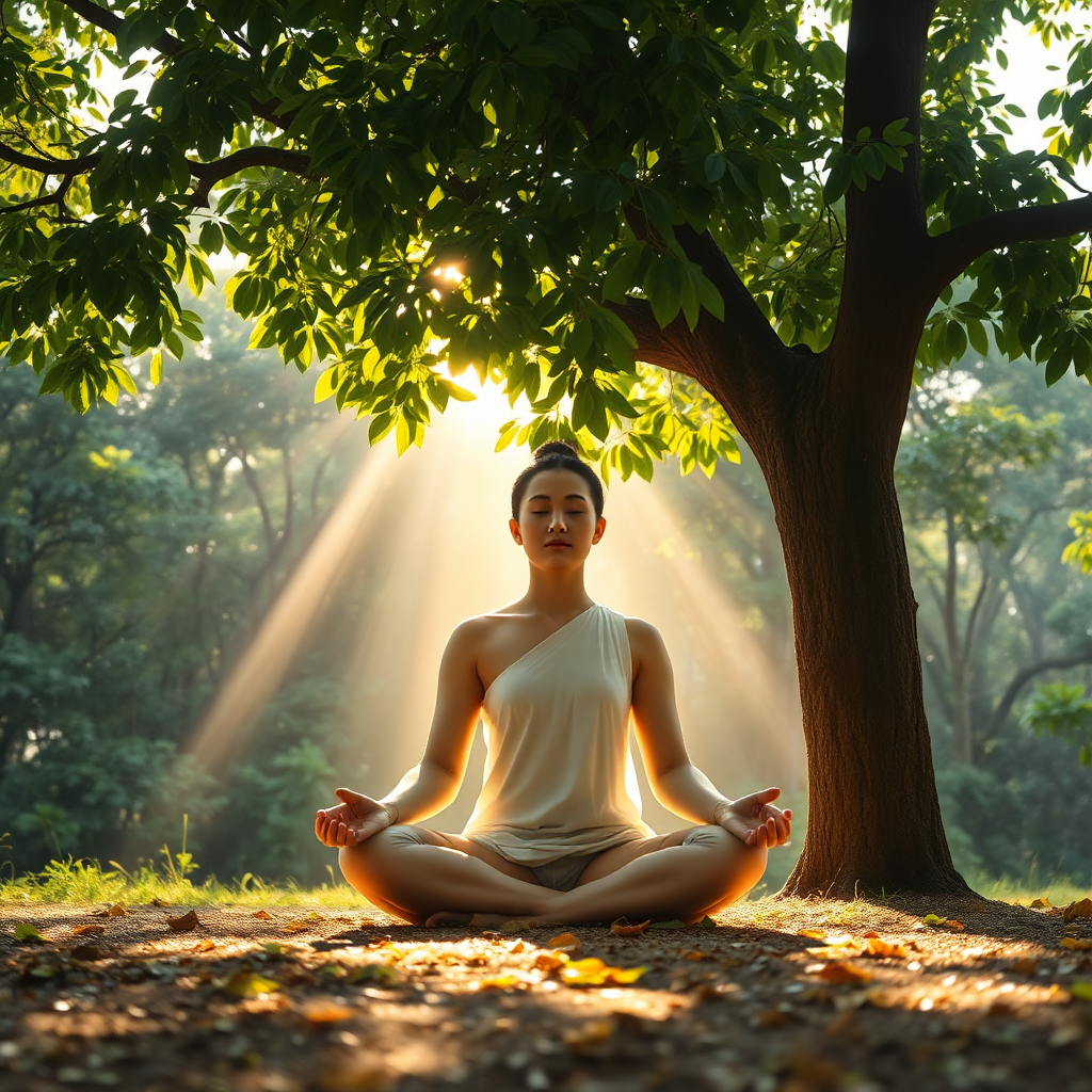 A serene, high-quality image of a person sitting in a lotus position under a Bodhi tree. Sunlight filters through the leaves, creating a dappled pattern on the ground. The person's face is calm and peaceful. Soft, golden light emanates from the person, symbolizing inner peace. The background is a lush, green forest. Style: peaceful, naturalistic.
