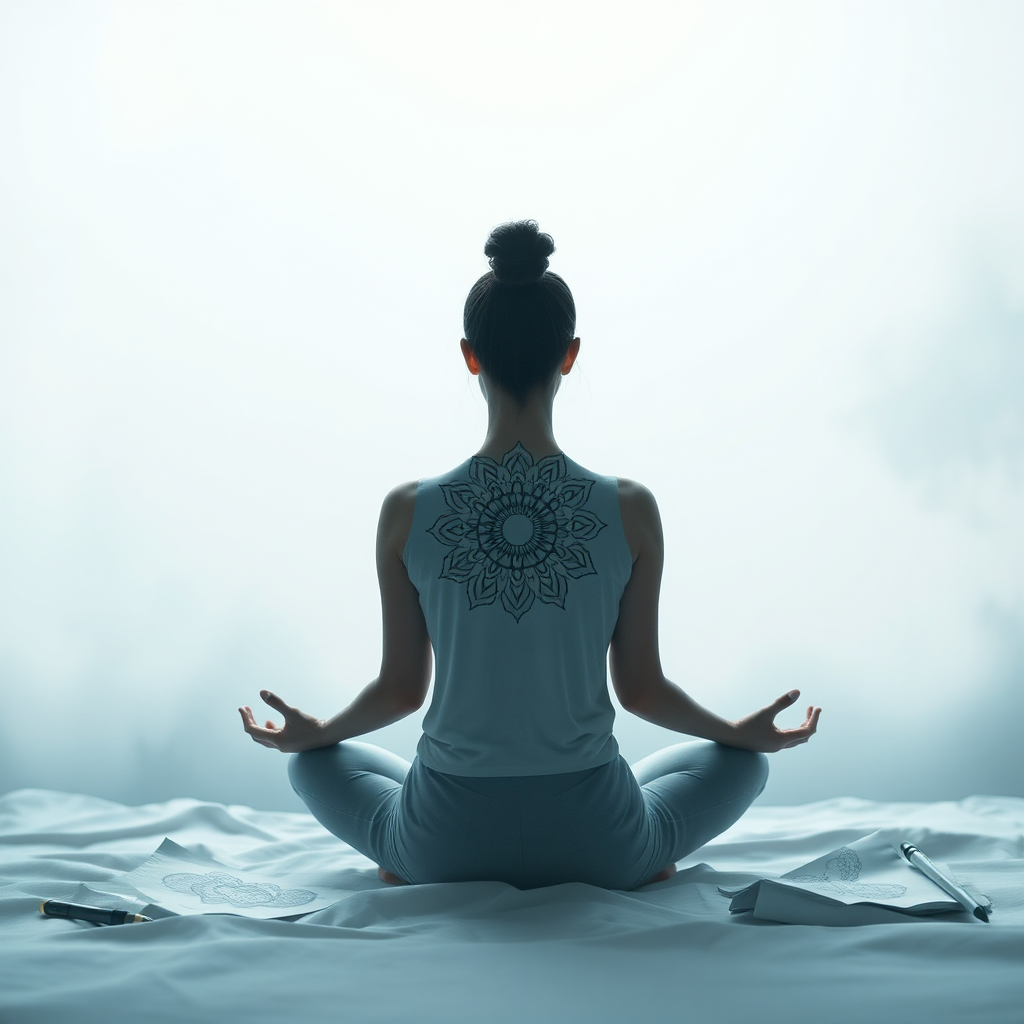 A serene image depicting a person meditating while coloring in a mandala design. Soft, diffused lighting creates a calming atmosphere. The color palette should be soothing and harmonious, with pastel shades and muted tones dominating. The composition is centered on the person and the mandala, with subtle background elements suggesting nature and tranquility. Style references: serene, calming, meditation. Technical specs: 4K resolution, high quality.