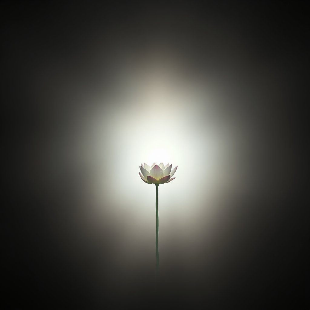 A single, focused beam of light shining through a dense fog, illuminating a single lotus flower. The fog is soft and ethereal, creating a sense of mystery and anticipation. The lotus flower is perfectly centered and in sharp focus. The lighting is dramatic and impactful, emphasizing the clarity and power of focus. Style reference: Minimalist and evocative, using light and shadow to convey a sense of clarity and purpose. 4K resolution.