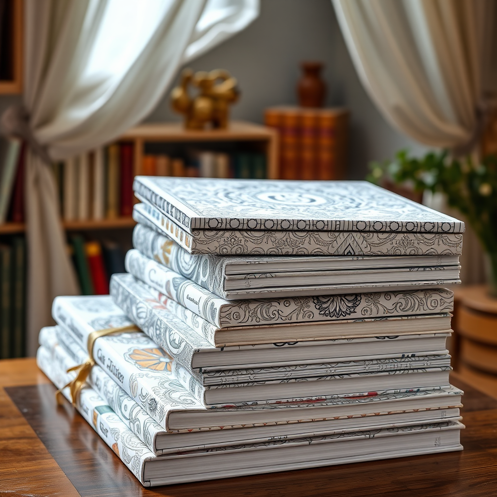 A stack of beautifully designed coloring books with intricate covers. Soft, diffused lighting highlights the details. The background is a cozy reading nook. Style: Elegant and inviting. Tech Specs: 4k resolution