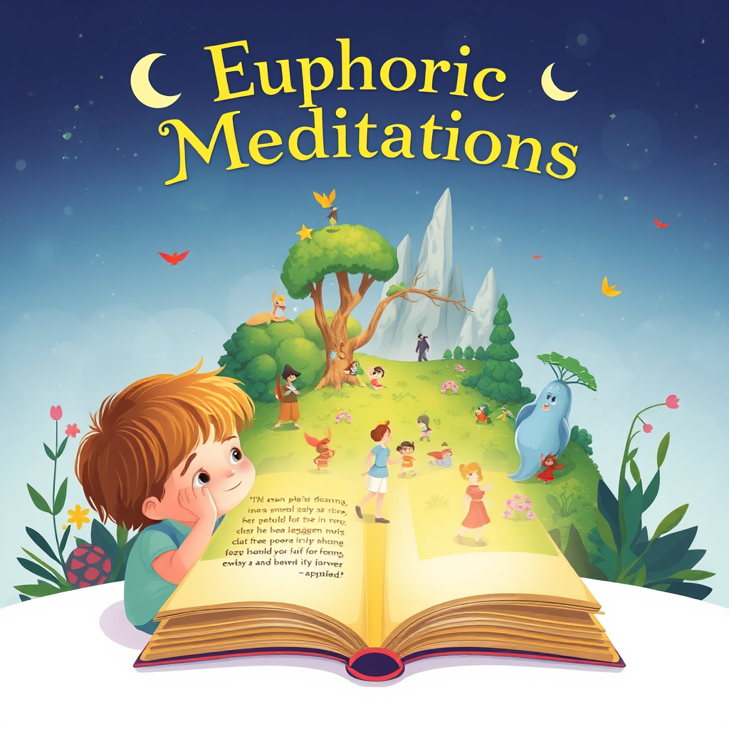 A stylized image depicting a child's imagination coming to life as they read a Euphoric Meditations storybook. The scene blends the real world with a fantastical landscape emerging from the pages of the book, filled with colorful characters, lush foliage, and ethereal light. The overall style should be whimsical and enchanting.