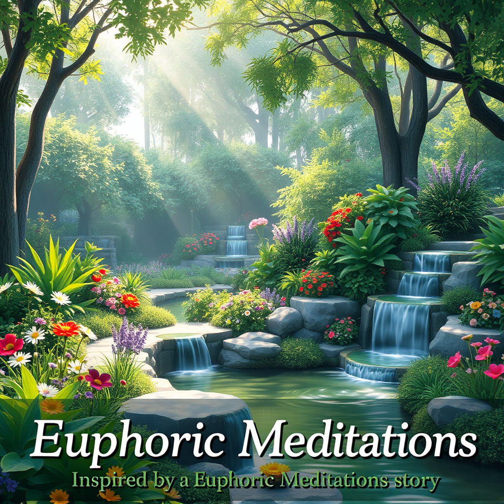 A stylized image depicting a peaceful garden scene inspired by a Euphoric Meditations story. The garden is filled with lush greenery, colorful flowers, and gentle waterfalls, creating a serene and inviting atmosphere. Soft, ethereal light filters through the trees, adding to the sense of tranquility.