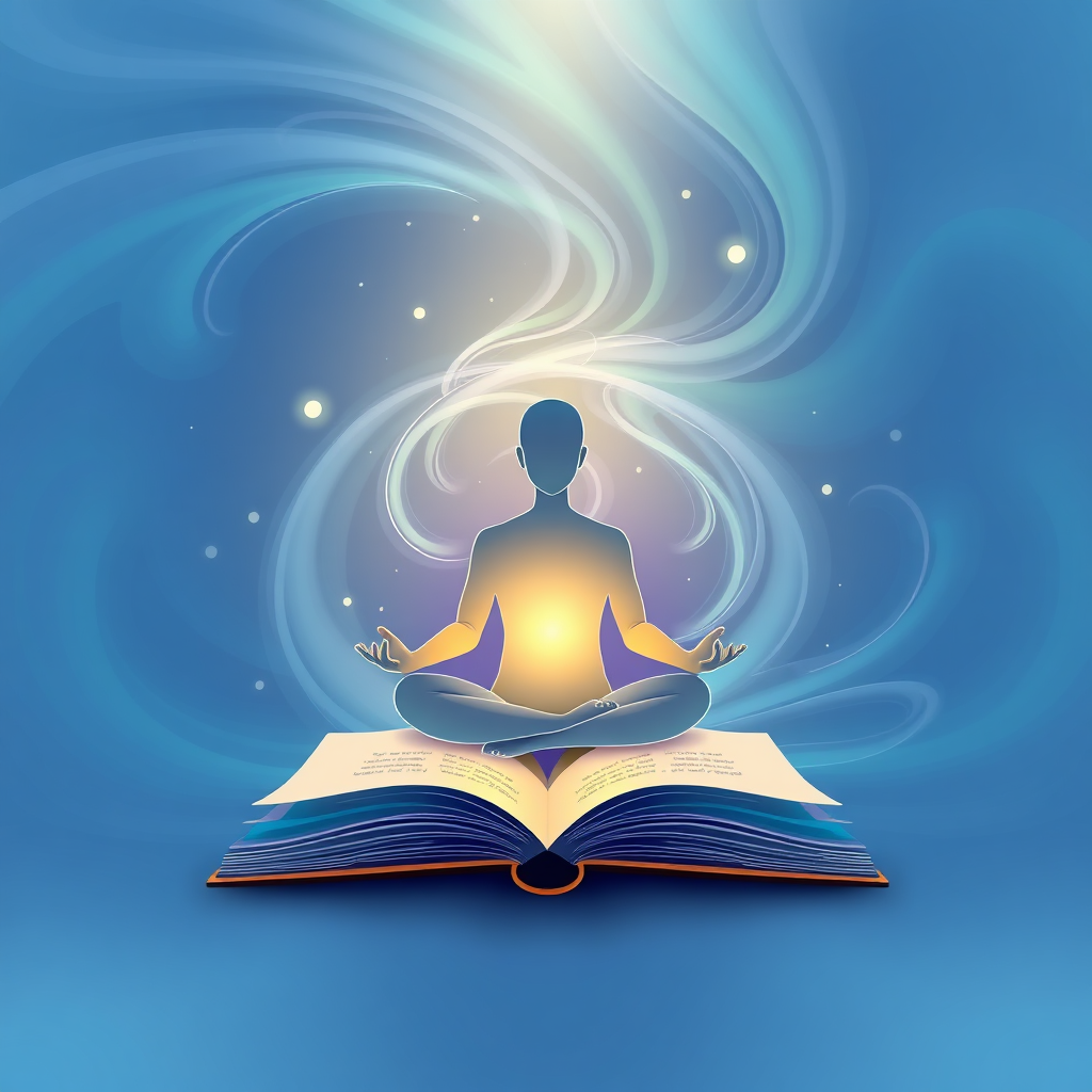A stylized image of a person meditating in a lotus position, surrounded by swirling patterns of color and light that emanate from an open Euphoric Meditations activity book. The color palette is soft and calming, with blues, greens, and purples dominating the scene. The overall style should be ethereal and dreamlike, conveying a sense of inner peace and tranquility.