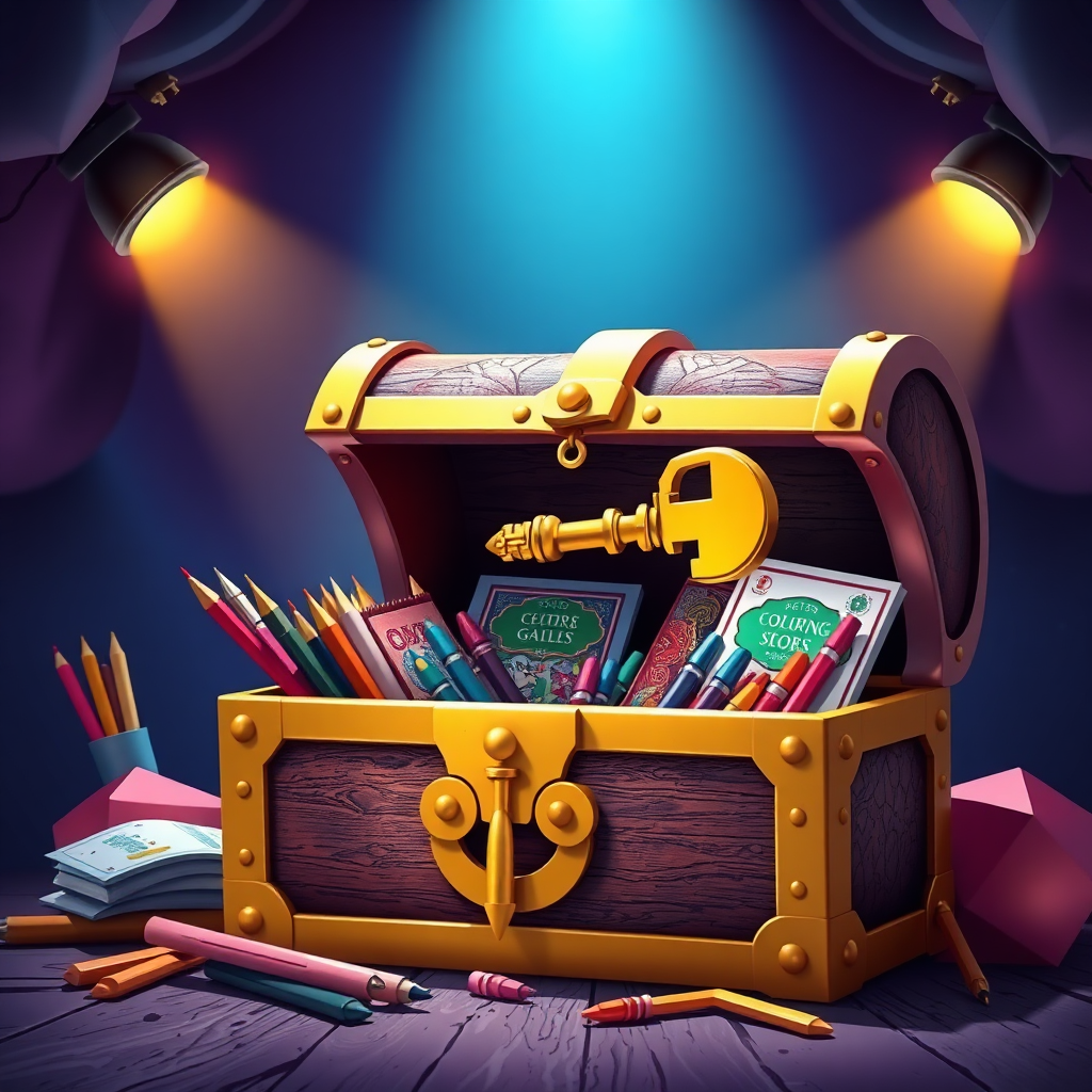 A stylized image showcasing a golden key unlocking a treasure chest filled with colorful coloring books and art supplies. The key represents exclusive access, and the treasure chest symbolizes the valuable perks of joining the mailing list. The color palette should be rich and vibrant, with gold accents highlighting the key and the treasure chest. The lighting should be dramatic, with spotlights emphasizing the key and the contents of the chest. Style references: fantasy, adventure, treasure. Technical specs: 4K resolution, high quality.