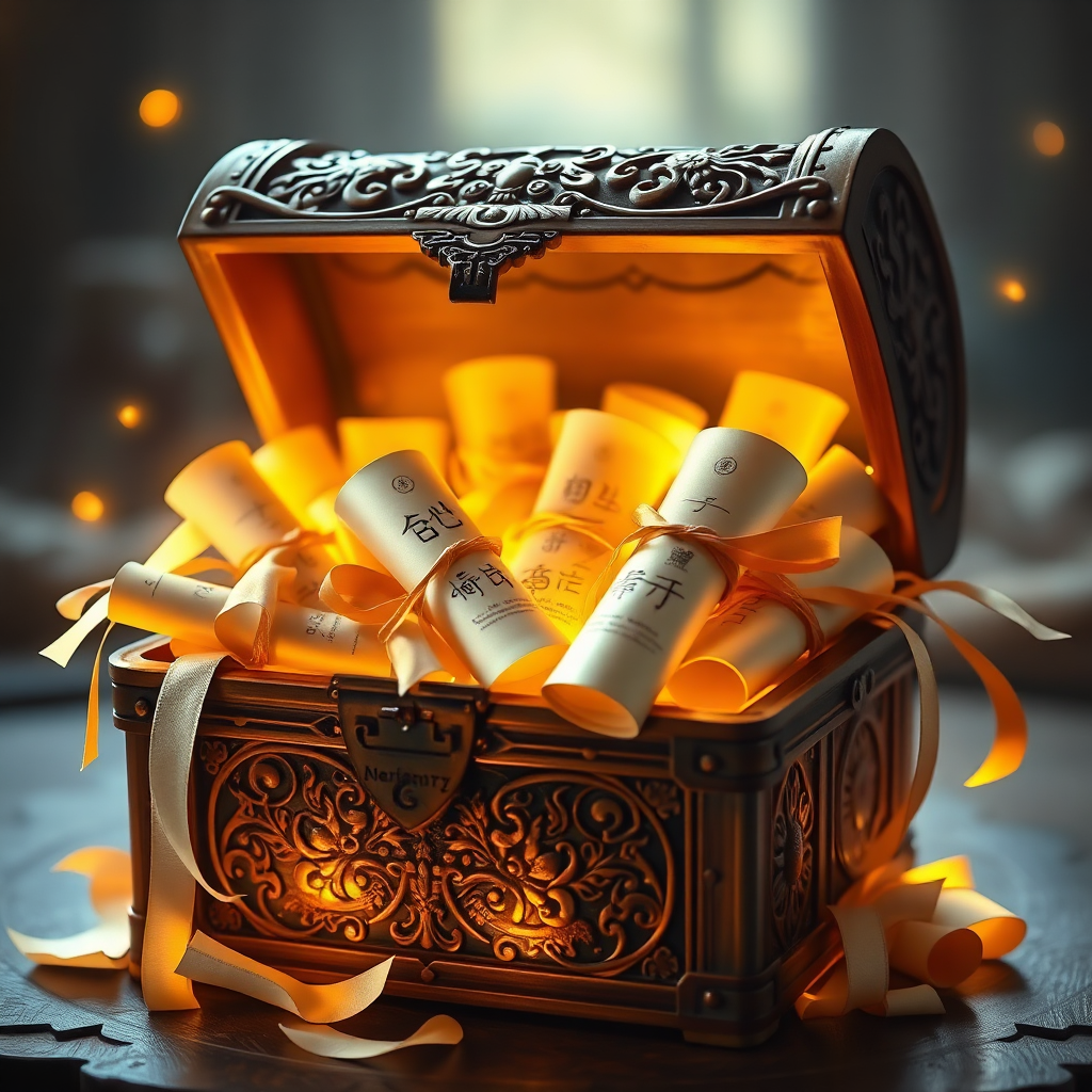 A treasure chest overflowing with scrolls, each radiating a soft, golden light. The chest is made of intricately carved wood, with symbols of mindfulness and serenity etched into its surface. The scrolls are tied with delicate silk ribbons. The lighting is warm and inviting, creating a sense of discovery and abundance. The background is softly blurred, focusing attention on the chest and its contents. Style reference: Fantasy-inspired and visually rich, evoking a sense of wonder and excitement. 4K resolution.