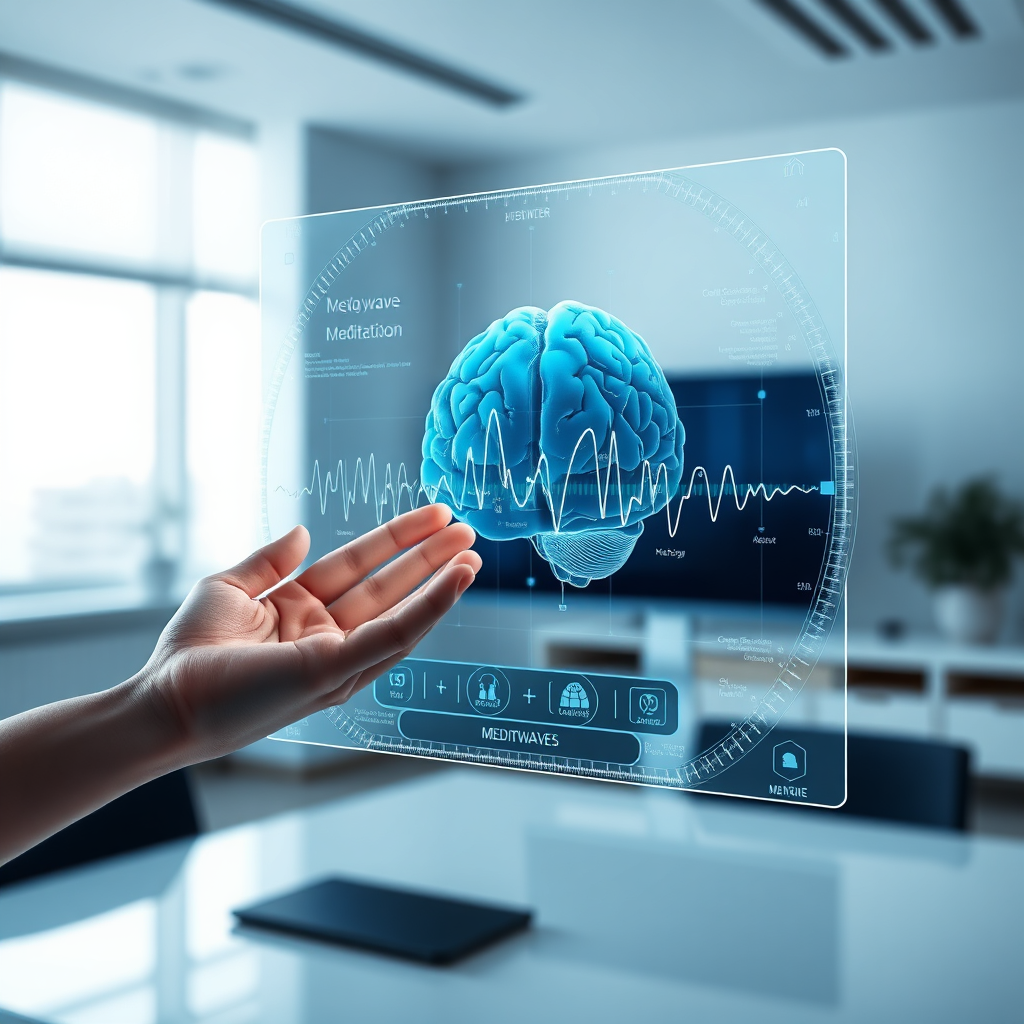 A visually engaging image featuring a holographic display showing brainwaves and meditation data. A calm hand gently interacts with the display. The background is a minimalist, modern office space. The lighting is cool and professional, highlighting the technology and personalization aspects. Style: Futuristic and calming.