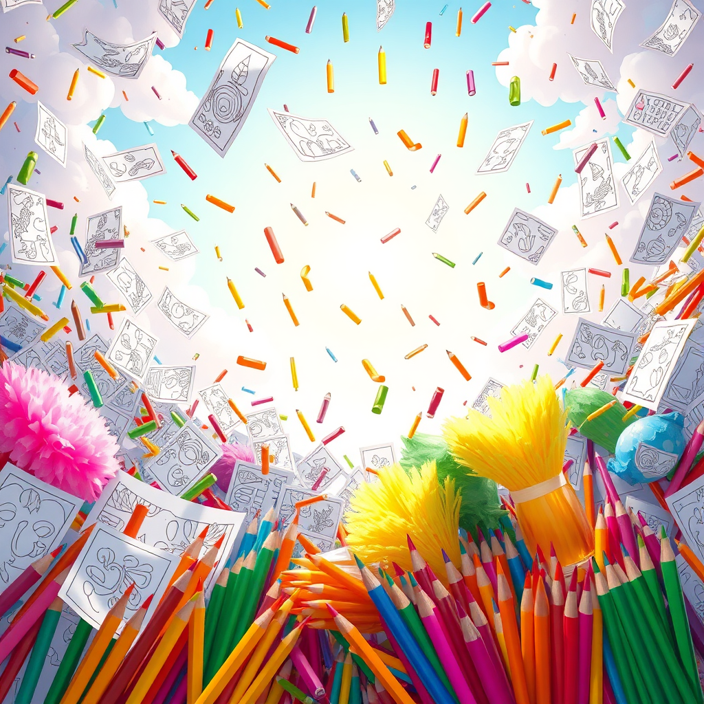 A whimsical image showcasing a cascade of free coloring pages and art supplies raining down from the sky. The scene should convey a sense of abundance and generosity. Bright, cheerful lighting should illuminate the scene, creating a joyful atmosphere. The color palette should be vibrant and playful, with a rainbow of colors represented. Style references: whimsical, playful, abundant. Technical specs: 4K resolution, high quality.