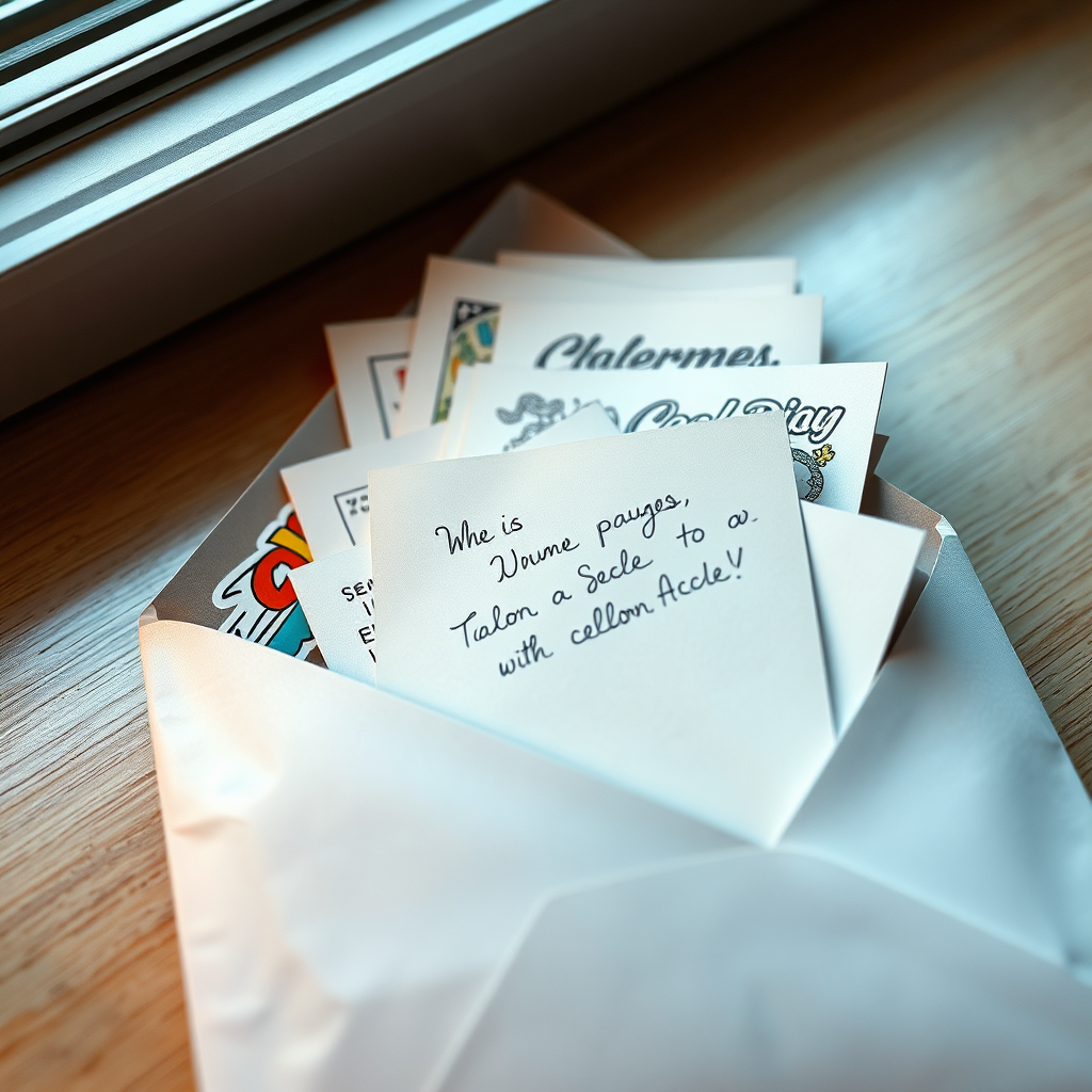 An envelope overflowing with colorful coloring pages and promotional materials. The envelope is addressed with a personalized handwritten note. Soft, inviting lighting creates a warm and welcoming atmosphere. Style: Personal, handwritten and nostalgic. Technical Specs: 4K resolution, high-quality photograph with detailed textures.