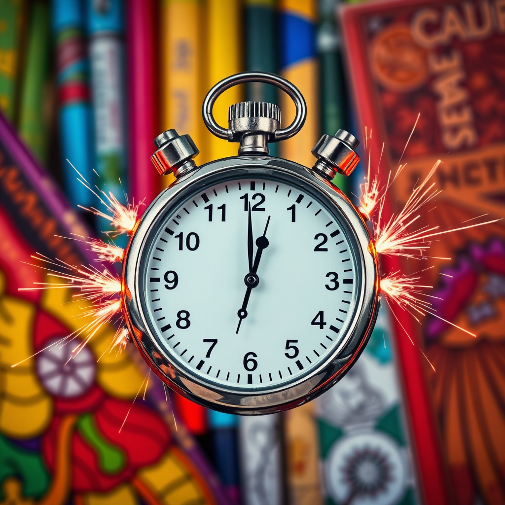 An image depicting a stopwatch with sparks flying off the sides, set against a backdrop of vibrant coloring books. The stopwatch symbolizes the limited-time nature of the offers, and the sparks convey a sense of urgency. The color palette should be bold and dynamic, with red and orange accents highlighting the stopwatch. Style references: urgency, excitement, time-sensitive. Technical specs: 4K resolution, high quality.