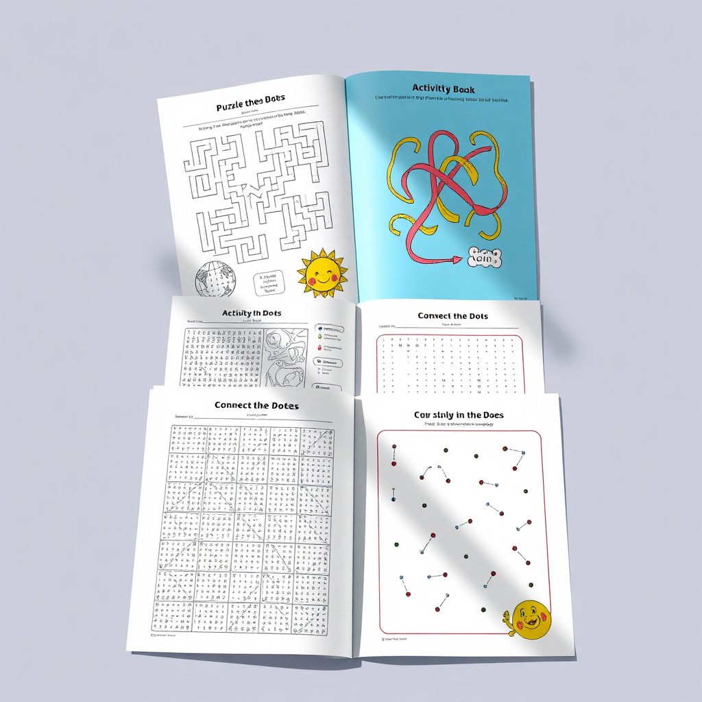 An image displaying examples of activity book pages with puzzles, mazes, and connect-the-dots. Captures a playful, creative atmosphere. Technical specs: 4K resolution, professional.