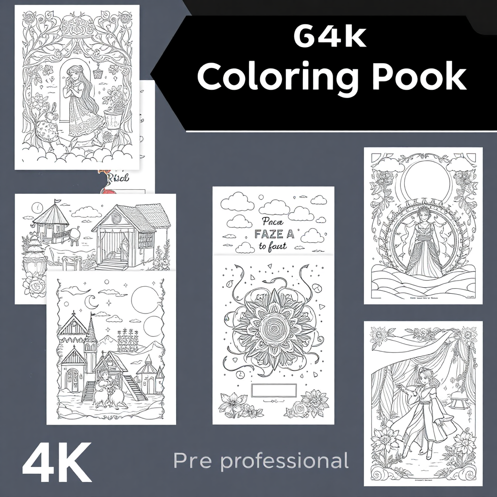An image displaying various finished coloring book pages showcasing different themes and styles. This highlights the versatility of their design capabilities. Technical specs: 4K resolution, professional.