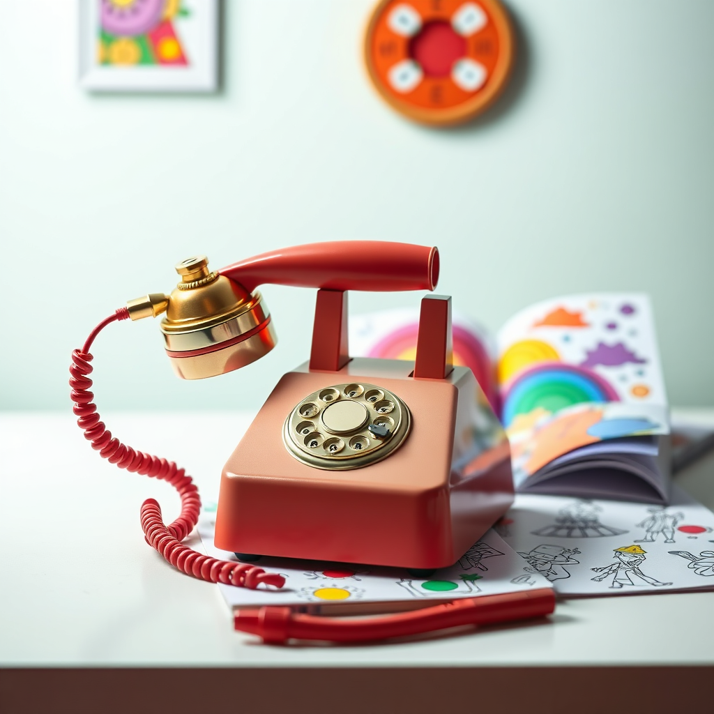 An image featuring a classic telephone connected to a colorful coloring book. The telephone symbolizes the direct line of communication between subscribers and the company. Bright, cheerful lighting should illuminate the scene, creating a welcoming atmosphere. The color palette should be vibrant and playful, with pops of color from the coloring book. Style references: communication, connection, feedback. Technical specs: 4K resolution, high quality.