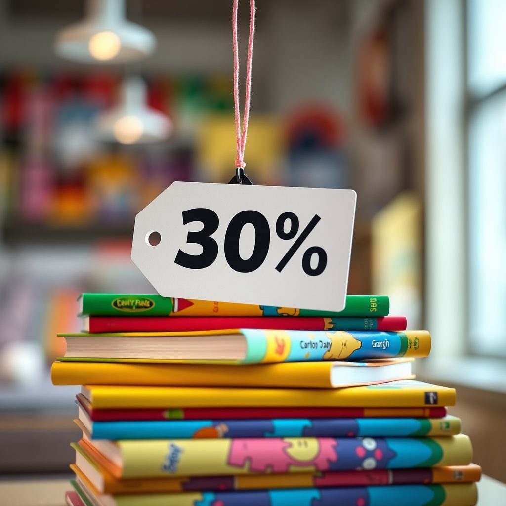 An image featuring a prominent discount tag displayed on a stack of colorful coloring books. The discount tag should be visually appealing and eye-catching. Bright, cheerful lighting should illuminate the scene, creating a sense of excitement. The color palette should be vibrant and playful, with bold colors highlighting the discount tag. Style references: promotion, savings, value. Technical specs: 4K resolution, high quality.