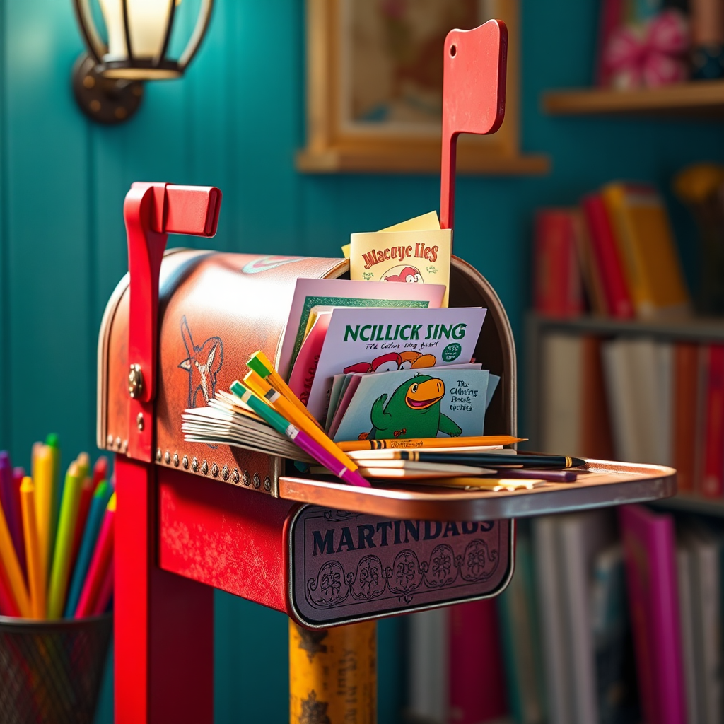 An image featuring a vintage-style mailbox overflowing with colorful coloring books and art supplies. The mailbox symbolizes the constant stream of updates and exclusive content that subscribers receive. Bright, cheerful lighting should illuminate the scene, creating a welcoming atmosphere. The color palette should be vibrant and playful, with pops of color from the coloring books and art supplies. Style references: communication, updates, connection. Technical specs: 4K resolution, high quality.