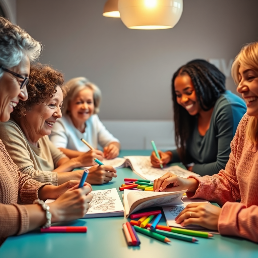 An image showing a group of diverse people of different ages gathered around a table, joyfully coloring together in coloring books. The scene should convey a sense of community and connection. Soft, warm lighting should illuminate the scene, creating a welcoming atmosphere. The color palette should be bright and cheerful, with pops of color from the coloring books and art supplies. Style references: community, connection, joy. Technical specs: 4K resolution, high quality.
