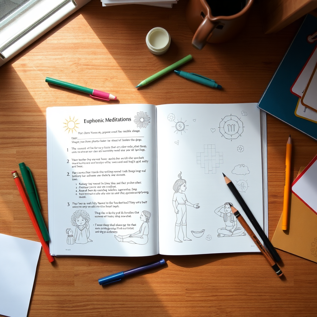 An overhead shot of a Euphoric Meditations activity book open on a wooden desk. Pens, pencils, and other creative tools are scattered around the book, inviting the viewer to engage with the activities. Natural light streaming in from a nearby window.