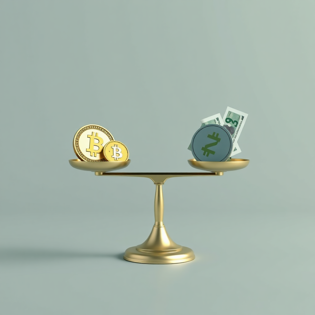 A balanced scale with cryptocurrency coins and fiat currency on either side. The scale is perfectly balanced, symbolizing portfolio diversification. The background is a clean, minimalist space. Use a neutral color palette of grays and greens. Render in 4K resolution with sharp details and clean lines.