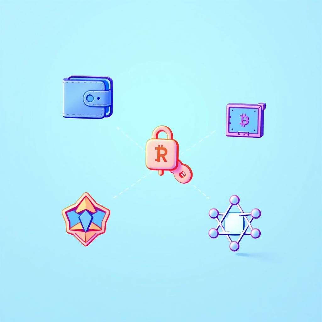 A collage of digital icons representing different cryptocurrency concepts: a wallet icon, a key icon, a mining rig icon, and a consensus algorithm symbol. These icons float in a clean, minimalist space with a light blue background. Connect them with subtle lines illustrating their relationships. The icons should be modern and visually appealing. The overall feeling is informative and approachable. Render in 4K resolution with clean lines and smooth gradients.