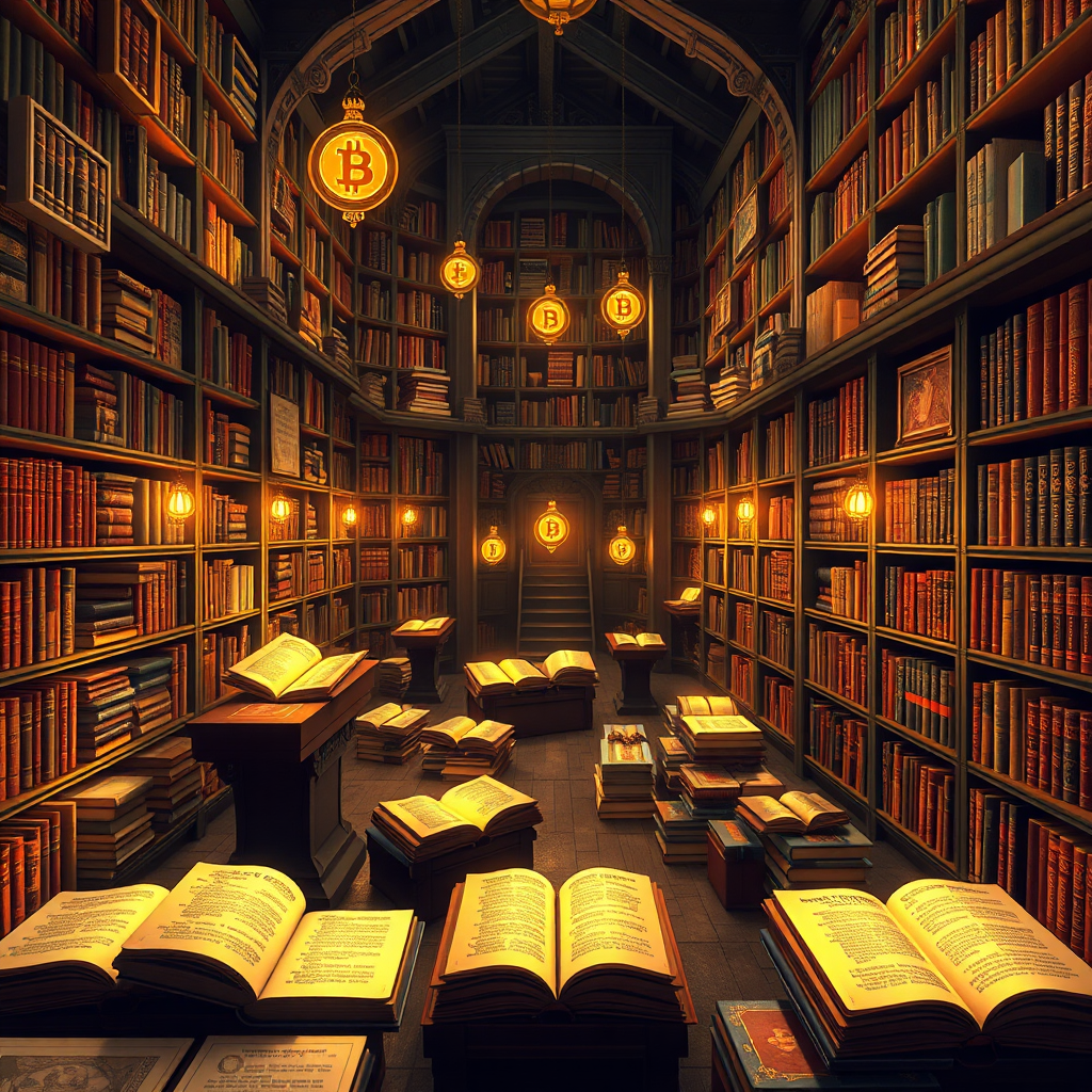 A digital library filled with glowing books and scrolls, each representing a different cryptocurrency topic. The library is vast and intricate, with hidden pathways and alcoves. The background is a warm, inviting space. Use a color palette of golds, browns, and greens to create a sense of knowledge and discovery. Render in 4K resolution with soft lighting and realistic textures.