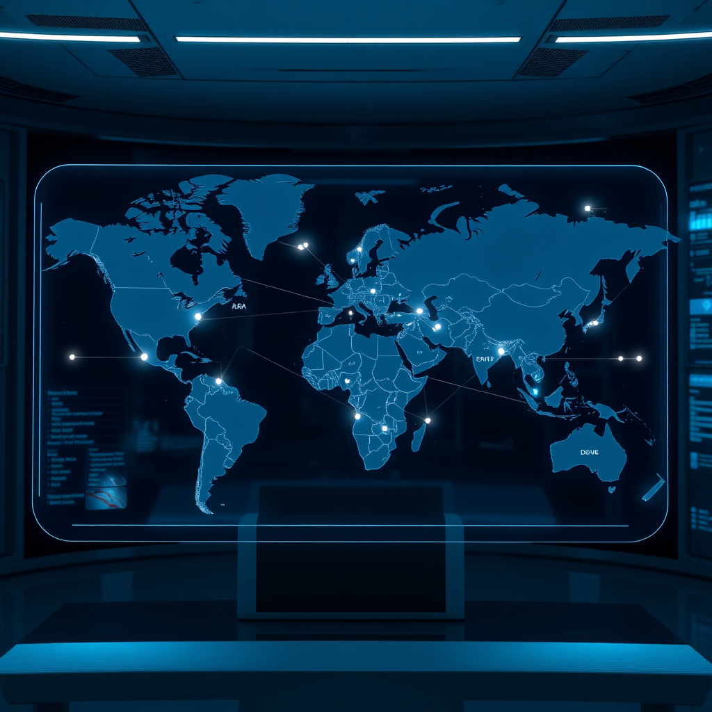 A digital world map with glowing nodes representing different countries and regulatory bodies. Lines connect these nodes, symbolizing the flow of information and regulations. The map is displayed on a holographic screen. The background is a dark, futuristic control room. Use a neutral color palette of grays and blues. Render in 4K resolution with clean lines and sharp details.