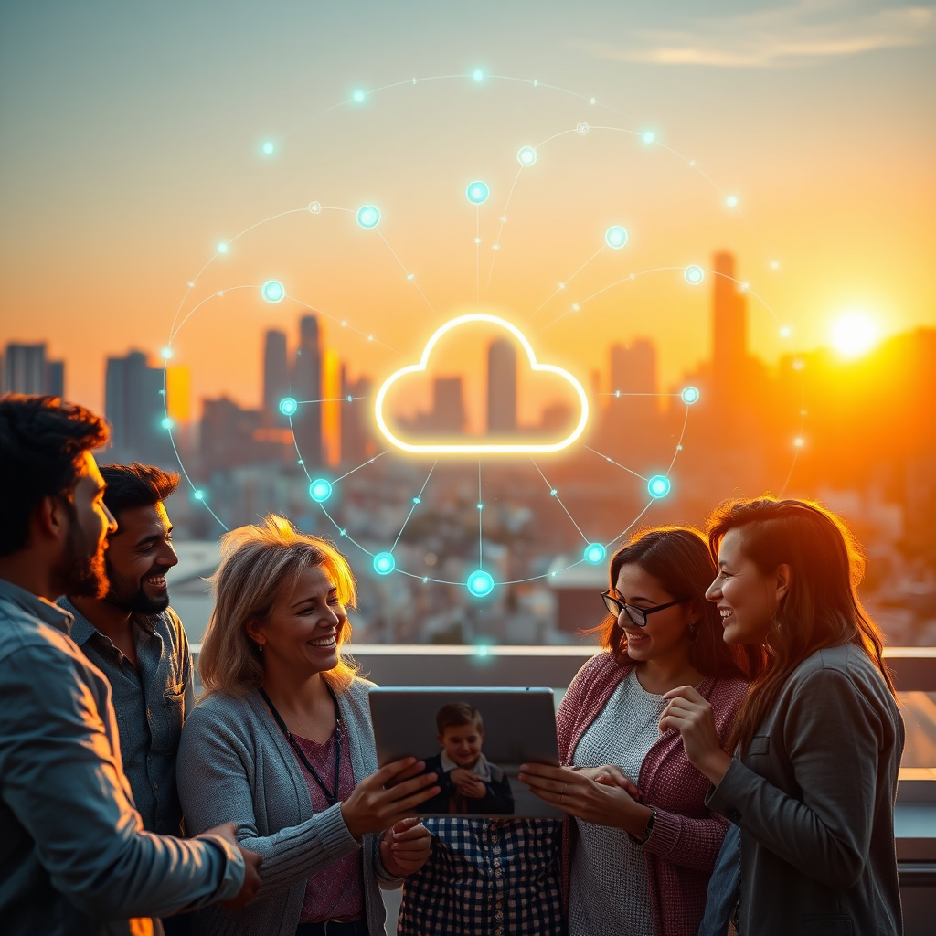 A stunning, photorealistic 8K image showcasing AffiliateGenius and GotBackup. The scene features a diverse group of people smiling and interacting with holographic data streams that swirl around them, representing their memories and files being safely backed up. These streams converge into a central, glowing cloud symbol. The background is a modern, minimalist cityscape bathed in a warm, inviting golden hour light. The color palette is primarily blues, teals, and golds, conveying trust, security, and prosperity. The camera angle is a wide shot, capturing the scale and scope of the data network. Add texture details like subtle dust particles in the air and reflections on the holographic displays. In the foreground, a family laughs while looking at a digital photo album on a tablet, symbolizing accessible memories. The overall style is hyperrealistic and uplifting, inspired by the visuals of futuristic tech commercials.