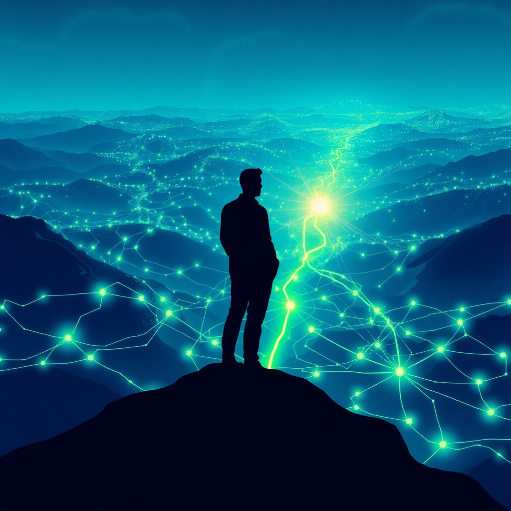 A stylized image depicting a person standing at the edge of a digital frontier, overlooking a landscape filled with interconnected data streams and blockchain nodes. The person is silhouetted, symbolizing empowerment through knowledge. The color palette should be predominantly blue and green, representing trust and growth. The data streams should be represented as glowing lines and particles, flowing towards a central point, symbolizing wealth creation. The image should have a modern and technological feel. Render in 4K resolution with crisp details and a slight depth-of-field effect.