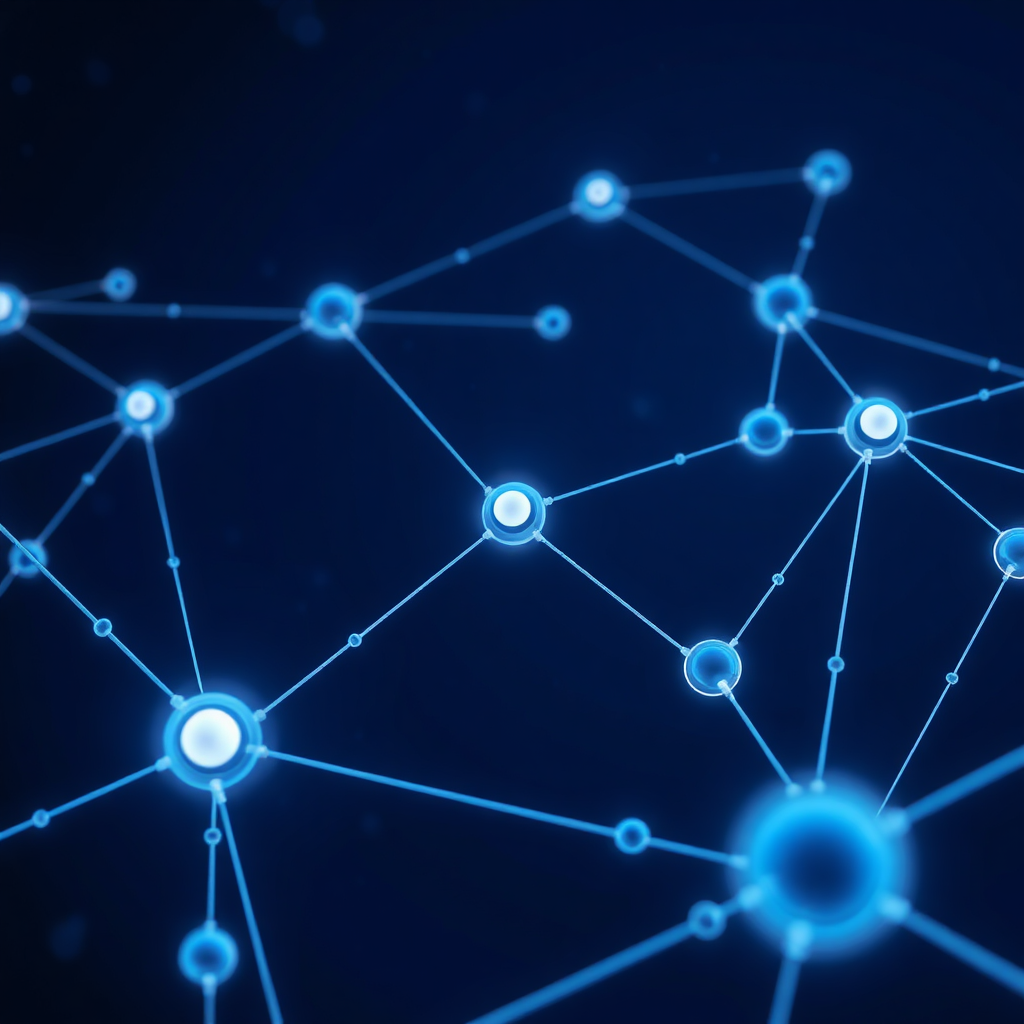 A stylized image of interconnected nodes forming a neural network, representing the interconnectedness of blockchain technology. Each node glows softly and pulsates with energy. The background is a dark, infinite space with subtle particle effects. Use a cool color palette of blues and purples. Render in 4K resolution with smooth gradients and a sense of depth.